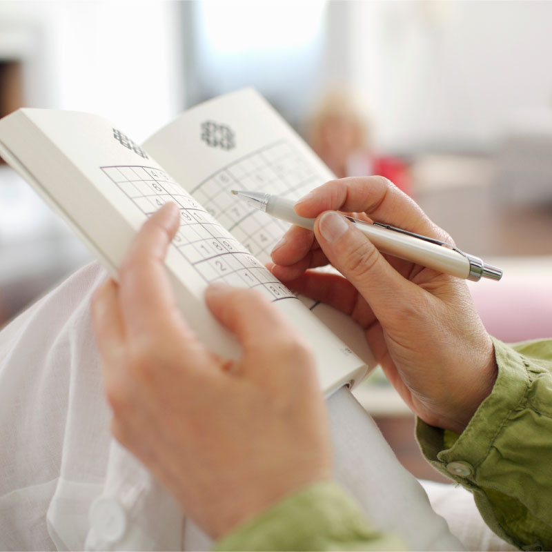 Someone holding a puzzle book with pen