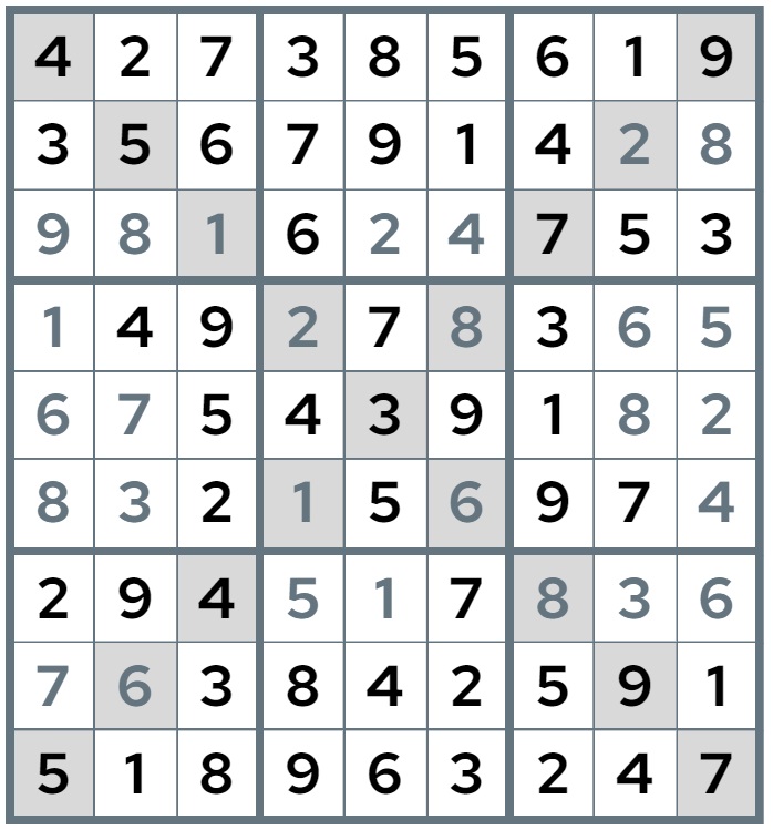 X Factor Sudoku solved example puzzle